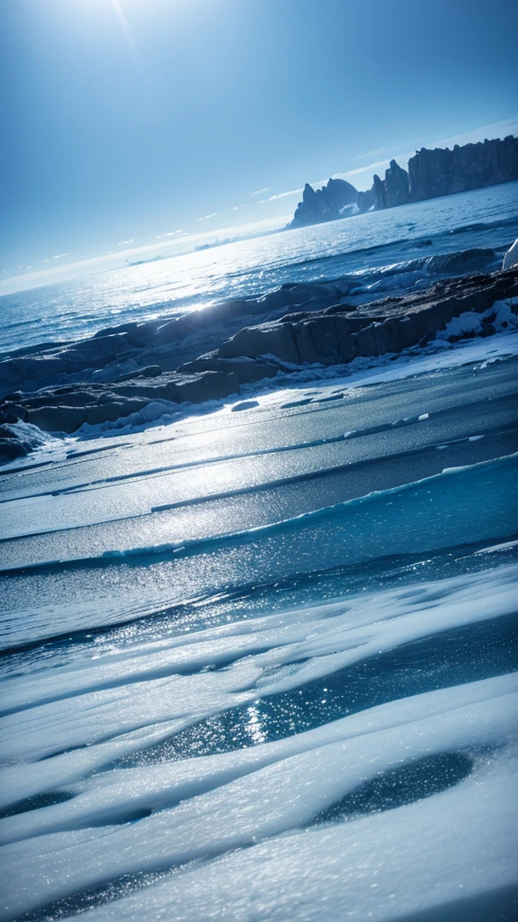 A landscape of icy land and sea shining blue with intense light shining through it.,Photorealistic and highest quality