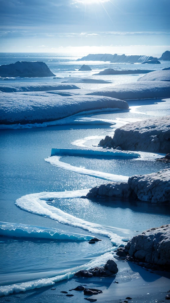 A landscape of icy land and sea shining blue with intense light shining through it.,Photorealistic and highest quality