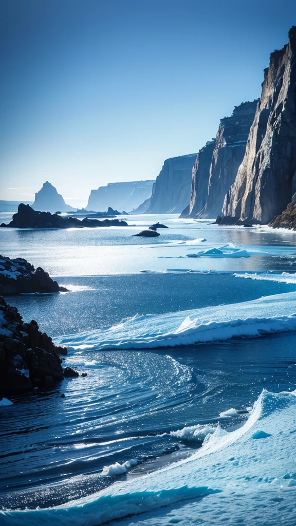 A landscape of icy land and sea shining blue with intense light shining through it.,Photorealistic and highest quality