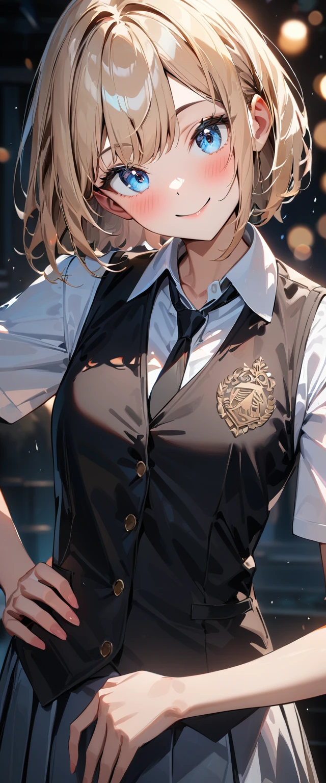 (((One girl))), blond hair, bob cut, (cowboy shot), (looking at viewer), (open collar), ((black tie under the waistcoat)), face in focus, teenager, head tilt:1.3, (((blue eye))), ((happy smile)), ((blush)), contrapposto, one hand on hip, school summer uniform, white shirts, skirt, black waistcoat, anime style, (best quality, 4k, 8k, highres, masterpiece:1.2, ultra-detailed, ultra-detailed eyes, HDR, UHD, studio lighting, ultra-fine painting, sharp focus, physically-based rendering, extreme detail description, professional, vivid colors, bokeh)