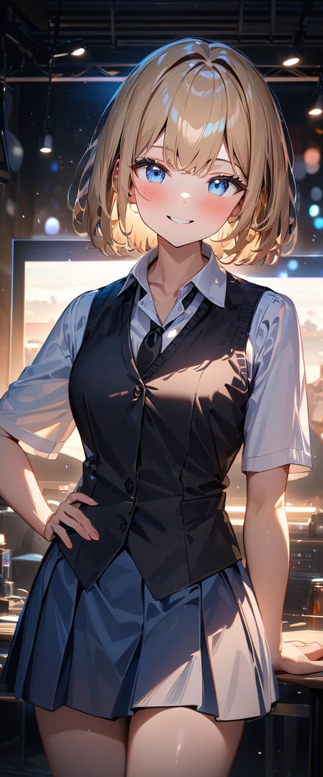 (((One girl))), blond hair, bob cut, (cowboy shot), (looking at viewer), (open collar), ((black tie under the waistcoat)), face in focus, teenager, head tilt:1.3, (((blue eye))), ((happy smile)), ((blush)), contrapposto, one hand on hip, school summer uniform, white shirts, skirt, black waistcoat, anime style, (best quality, 4k, 8k, highres, masterpiece:1.2, ultra-detailed, ultra-detailed eyes, HDR, UHD, studio lighting, ultra-fine painting, sharp focus, physically-based rendering, extreme detail description, professional, vivid colors, bokeh)