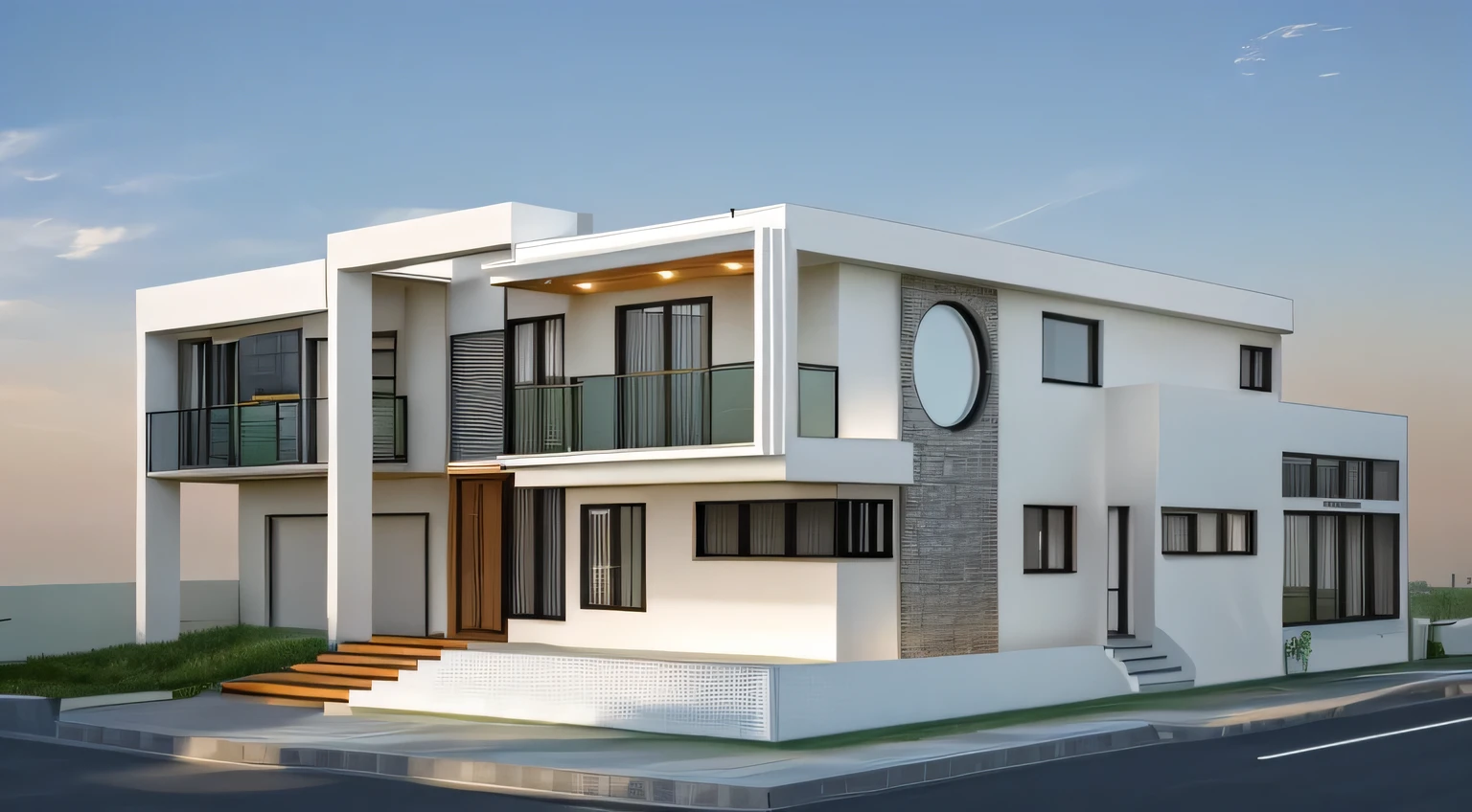 Exterior of house, mordern material decorations, (canopy in front of house:1.4), (a road in front of house:1.3), tree, sky, cloud, morning weather.