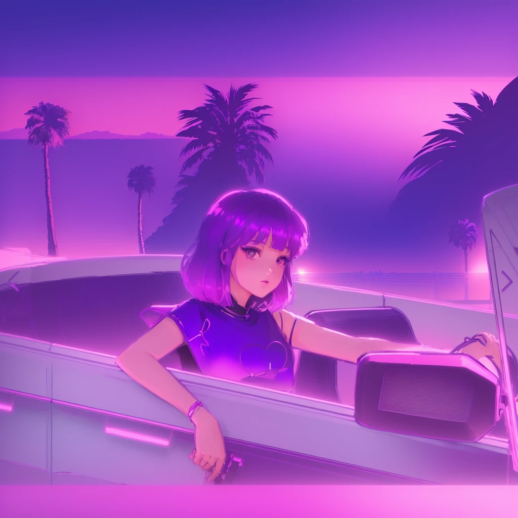 anime girl wearing purple long dress behind palm trees in background, lofi girl, art deco outrun anime aesthestic, lofi artstyle, lofi girl aesthetic, lofi aesthetic, 8 0 s anime vibe, lofi art, anime vibes, anime aesthetic, lofi vibes, lofi feel, in the art style of 8 0 s anime