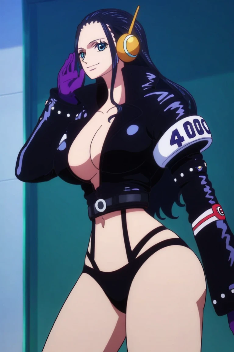 ,nico_eg, breasts, black hair, 1girl, large breasts, cleavage, long hair, jacket, blue eyes, navel, gloves, underwear,