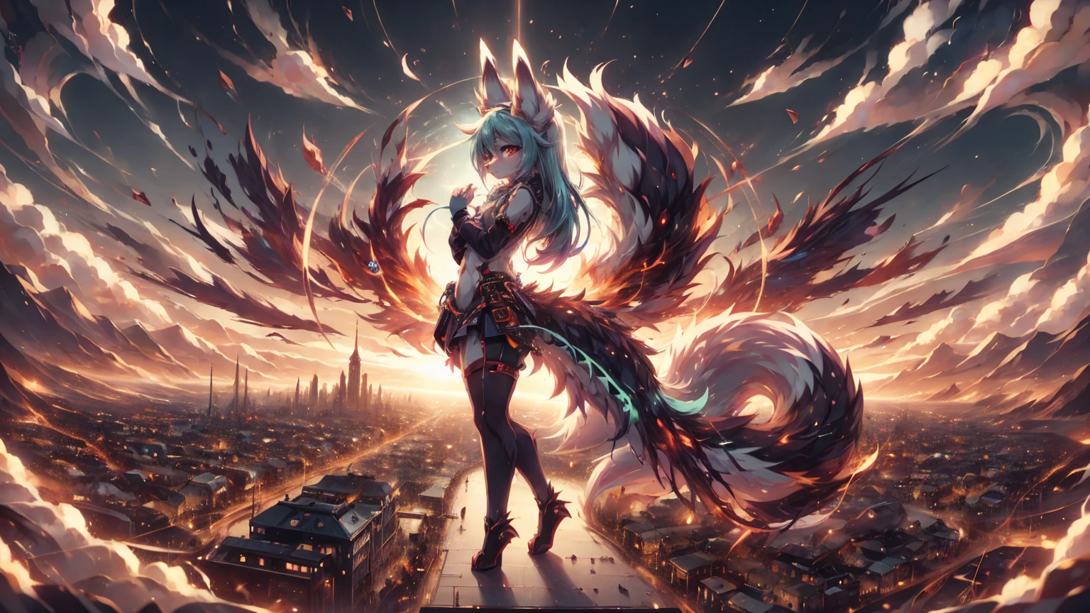 anime girl,tennage girl 18 years old, anime style, cute hatsune miku x white kitsune, shy girl , kitsune ears, dark natasha art, city landscape, art by vixen aztra, full body high definition in details the best image quality, add_detail:1 kitsune in hells add_detail:1, volando desde el cielo observa una ciudad, apunto de diaparar un rayo solar con su brazo izquierdo add_detail:1