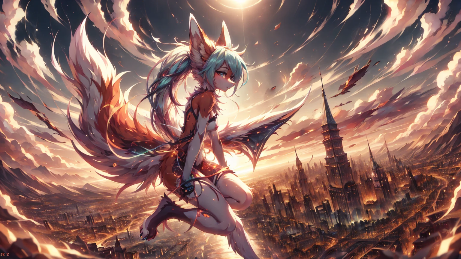 anime girl,tennage girl 18 years old, anime style, cute hatsune miku x white kitsune, shy girl , kitsune ears, dark natasha art, city landscape, art by vixen aztra, full body high definition in details the best image quality, add_detail:1 kitsune in hells add_detail:1, volando desde el cielo observa una ciudad, apunto de diaparar un rayo solar con su brazo izquierdo add_detail:1