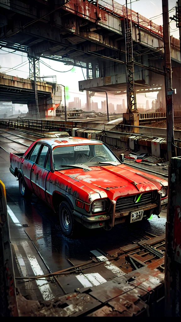 A robot, with red details, in a bridge,they are many abandoned cars, post apocalyptic scene. The illustration is in high definition at 4k resolution, with highly-detailed features and cinema-style visuals. Animation 3d style, hyper realistic, 60mpx, cold cinematic illumination, high steel textures, many reflects in your body. Wide view, aerea view