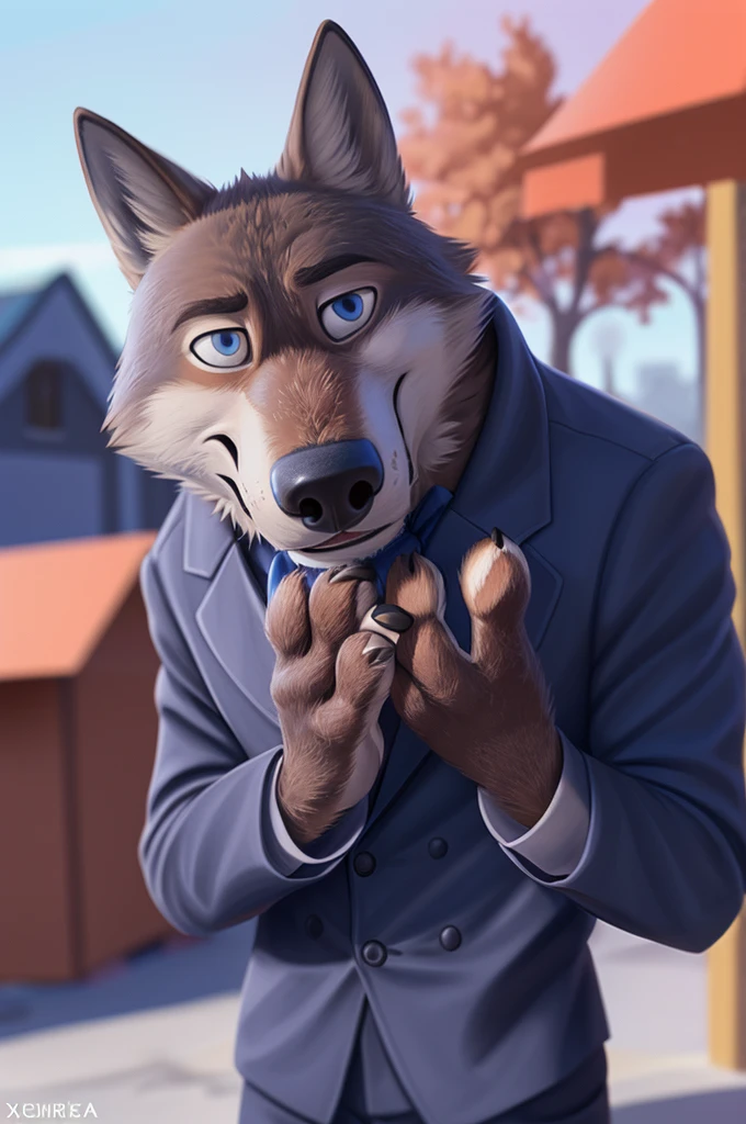 Larry (Zootopia), wolf, Gray Fur, (brown body:1.3), beautiful blue eyes, Zootopia, dressed,blazer,shirt bow tie,trousers, sandals,canine,wolf, detailed fur, male, second, paw pads, finger claws, viewer, 5 fingers, paws, 4 toes,holds, times, close to the camera,sandals,
BREAK from nextel, for dating, by xenoforge, (difficult, high detail,digital photography, soft focus, RAW, close to the camera, smile, positive, Good, mood, Houses, смотрит на viewer, очень close to the camera, goes on a date,
Photorealism, realistic, photorealistic,digital style, Subsurface scattering,очень close to the camera кольцо на пальце руки,father of his daughter,
masterpiece, Best quality, ultra realistic, 8 thousand.)
