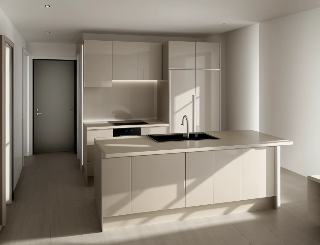 kitchen interior, modern style, LEGATO SILK cabinet, neutral color scheme, beautiful lighting, (realistic:1.2), Raw photo,Masterpiece, high quality, best quality, authentic, super detail,