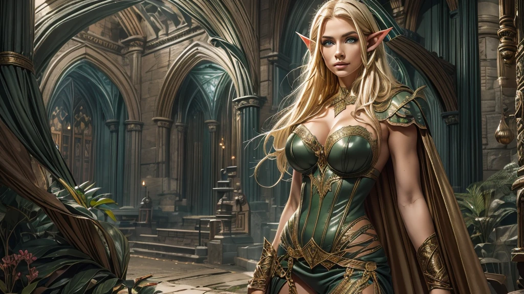 medieval setting, full view of body, (detailed elf ear, 1 woman, elven featured face, massive bulging breast, beautiful green eyes, blonde hair, thick hips, narrow shoulders, camel toe), (leather green cape and hood, thin leather gartered bustier and panty, elven designed outfit),