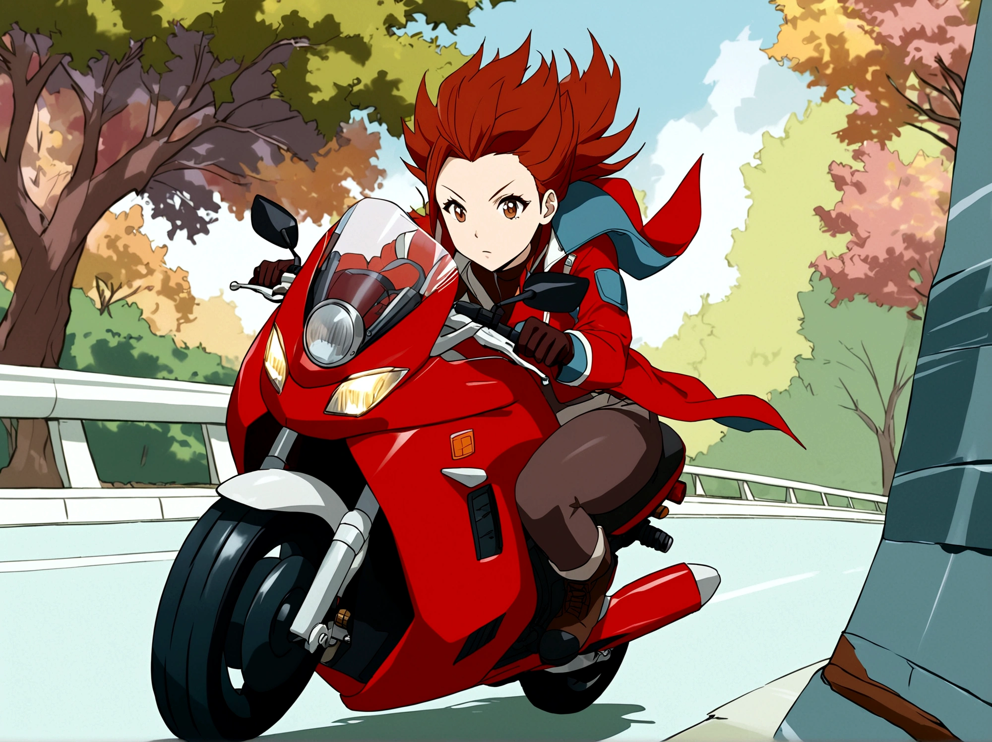 solo, brown hair, gloves, 1girl, female focus, red hair, outdoors, tree, spiked hair, ground vehicle, motor vehicle, riding, motorcycle