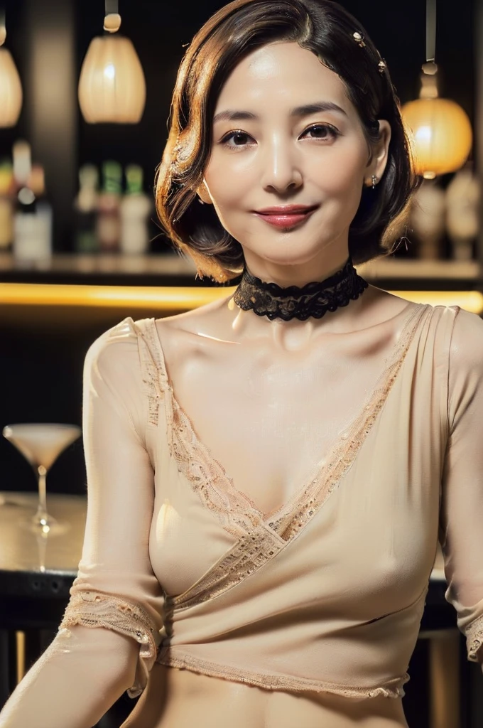 (((Ultimate Photorealistic, ultimate high-quality 32k photo))),(((American-shot photo taken from the front, looking at viewer seriously ))),(((( Seductive pose, 7 heads、Staring Intently :1.8)))),(((A simple and elegant short-sleeved business blouse made of beige lacy, extremely thin fabric with a wide V-neck., Soaking wet、She is looking straight at the camera with a very shy look on her face.。light makeup、elegant black wet middle bob。An elegant and simple beige very thin choker.:1.4)))。((Highest quality)), ((masterpiece)), (((detailed))), (midnight ,Modern hotel bar on a dark pouring stormy night, Sitting on a bar stool with her legs wide apart、 Low Key Lighting:1.6)、(((A very beautiful, extremely elegant and intelligent 42 year old Japanese woman。A feminine, curvaceous body。Beautiful line from hips to thighs、An extremely elegant, calm and modest smile, Being drunk、My eyes are extremely watery、I'm very horny、embarrassed ,blush, Curvy Body、Extremely realistic, detailed and beautiful depiction of the face, waist and thighs:1.9)))、(((The skin is white and very smooth。A very hot rainy summer night、I'm pretty sweaty、My clothes were soaked and pretty see-through.、When wet, it sticks tightly to the skin, revealing the beautiful lines of the body.、The skin is clearly visible through the extremely thin fabric.:1.9)))。(((A simple and elegant business pencil skirt in a plain navy blue knee-length,The clothes fit the body very well:1.8))), ((Healthy Body、The line of the chest, collarbone and extremely beautiful and feminine décolleté are the ultimate beauty.:1.9))。(((large&good hips、large&nice chests )))