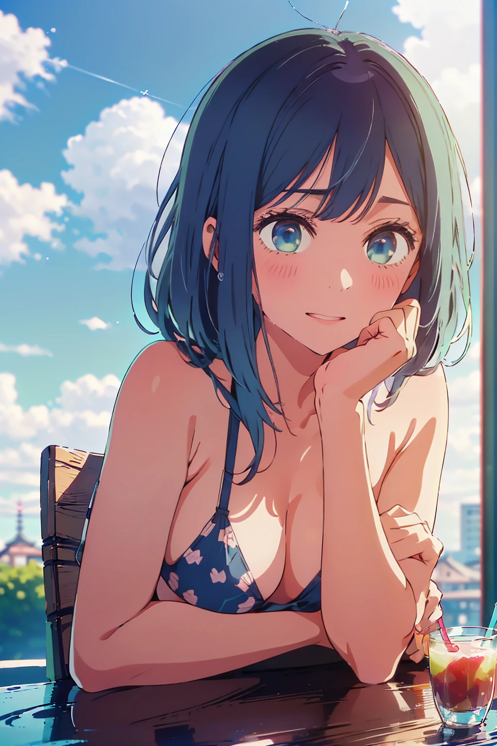 (Highest quality:1.4、masterpiece:1.4、Super detailed:1.4、8K:1.4)、F cup bust、Big Breasts、Slim body、((((1 person、Surprised expression、sit、Chair、In the background are the urban buildings of Tokyo、looking at the camera、Outdoor café terrace、coastal、Navy hair color、juice、Shooting up close、table、Very cute face))))、(Pose of putting hair behind ears with hands:1.4、Cheek resting on hand:1.4）、((nude、Areola、bikini))、Very blue sky、A completely cloudless sky、Big eyes、((((Shallow depth of field))))、Pink Lips