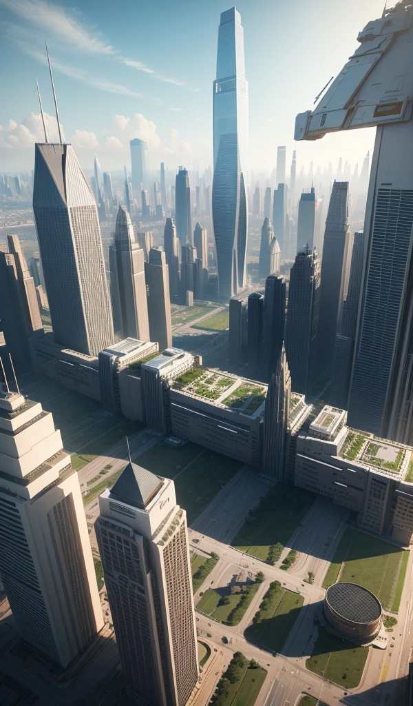 A high-resolution image of a futuristic cityscape with towering skryscrapers, flying vehicles, and advanced technology elements.