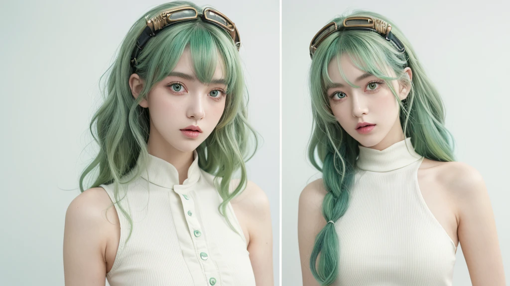 ((Live 2D)) masterpiece, 1 Girl, whole body, Stand Up Straight, Steampunk clothing, military uniform, Looking at the audience, Delicate face, girl with green curls, Bangs, Metal horns, Gradient hair, Colorful hair, Light green hair, Turquoise Hair Tips, curls, Gradient eyes, Orange eyes, (Simple background, White background: 1.3)