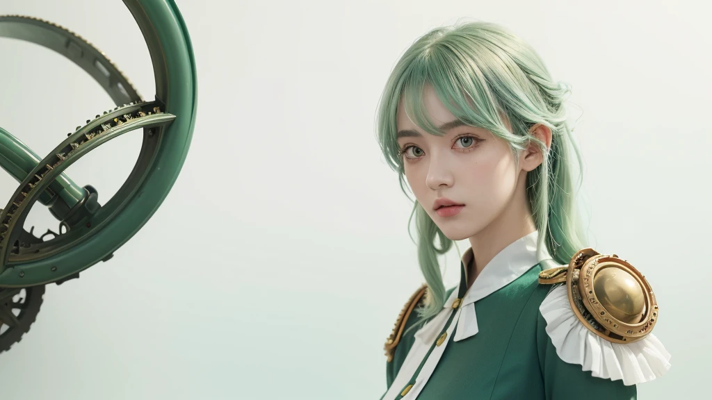 ((Live 2D)) masterpiece, 1 Girl, whole body, Stand Up Straight, Steampunk clothing, military uniform, Looking at the audience, Delicate face, girl with green curls, Bangs, Metal horns, Gradient hair, Colorful hair, Light green hair, Turquoise Hair Tips, curls, Gradient eyes, Orange eyes, (Simple background, White background: 1.3)