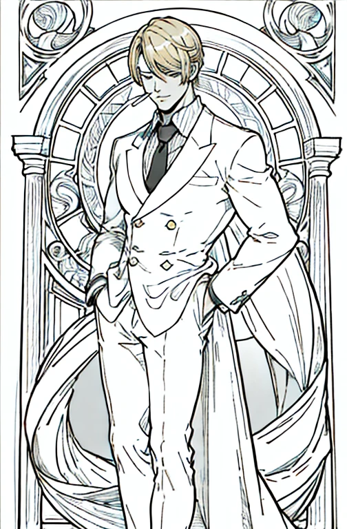 European man's portrait, full body picture, handsome man, straight short hair covering half his face, curly eyebrow, sanji, attractive, blonde, romantic frame, decorative panel. abstract, elegant beauty, gentle, kind, sweet, wearing suit, smoking cigarette, smoking, black suit,
Art by Alphonse Mucha, sketch, character lines and scenes without colors and shadows.
(Masterpiece, Best Quality, Highres:1.4), Detailed, Intricate Details, 4K, color splashes, line art, fibonacci,  Sanji, sanjiop, sanji2, new, new style, side view, 3/4 view, 