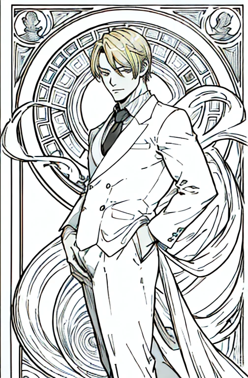 European man's portrait, full body picture, handsome man, straight short hair covering half his face, curly eyebrow, sanji, attractive, blonde, romantic frame, decorative panel. abstract, elegant beauty, gentle, kind, sweet, wearing suit, smoking cigarette, smoking, black suit,
Art by Alphonse Mucha, sketch, character lines and scenes without colors and shadows.
(Masterpiece, Best Quality, Highres:1.4), Detailed, Intricate Details, 4K, color splashes, line art, fibonacci,  Sanji, sanjiop, sanji2, new, new style, side view, 3/4 view, 