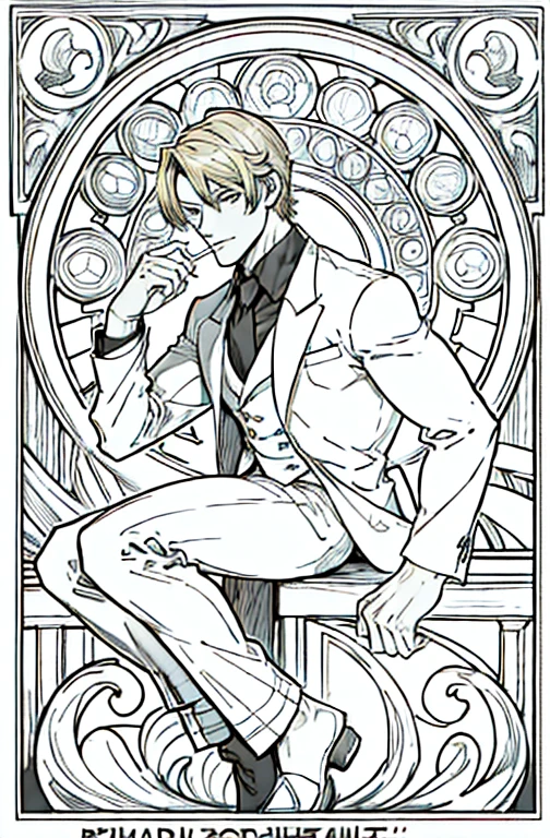 European man's portrait, full body picture, handsome man, straight short hair covering half his face, curly eyebrow, sanji, attractive, blonde, romantic frame, decorative panel. abstract, elegant beauty, gentle, kind, sweet, wearing suit, smoking cigarette, smoking, black suit,
Art by Alphonse Mucha, sketch, character lines and scenes without colors and shadows.
(Masterpiece, Best Quality, Highres:1.4), Detailed, Intricate Details, 4K, color splashes, line art, fibonacci,  Sanji, sanjiop, sanji2, new, new style, side view, 3/4 view, 