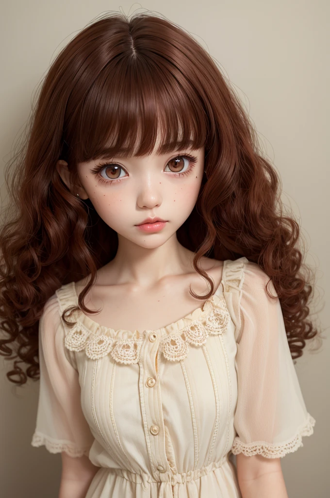 

blythedoll with very dark red curly hair, with bangs, with brown eyes, dressed in a short blouse with light colors, brown skin and a mole under her left eye
