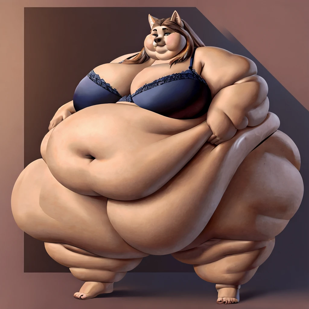 Wolf, female, long hair, huge breasts, huge hips, huge thighs, plump, voluptuous, morbidly obese, fat arms, fat legs, belly rolls, huge belly, gorgeous, beautiful, eyelashes, feminine, realistic, huge body, corpulent, massive silhouette, feminine,fat arms, fat legs,fat rolls, saggy breasts, chubby cheeks, double chin , huge belly, belly overhang, flabby belly ,fat face,underwear, bra,panties
