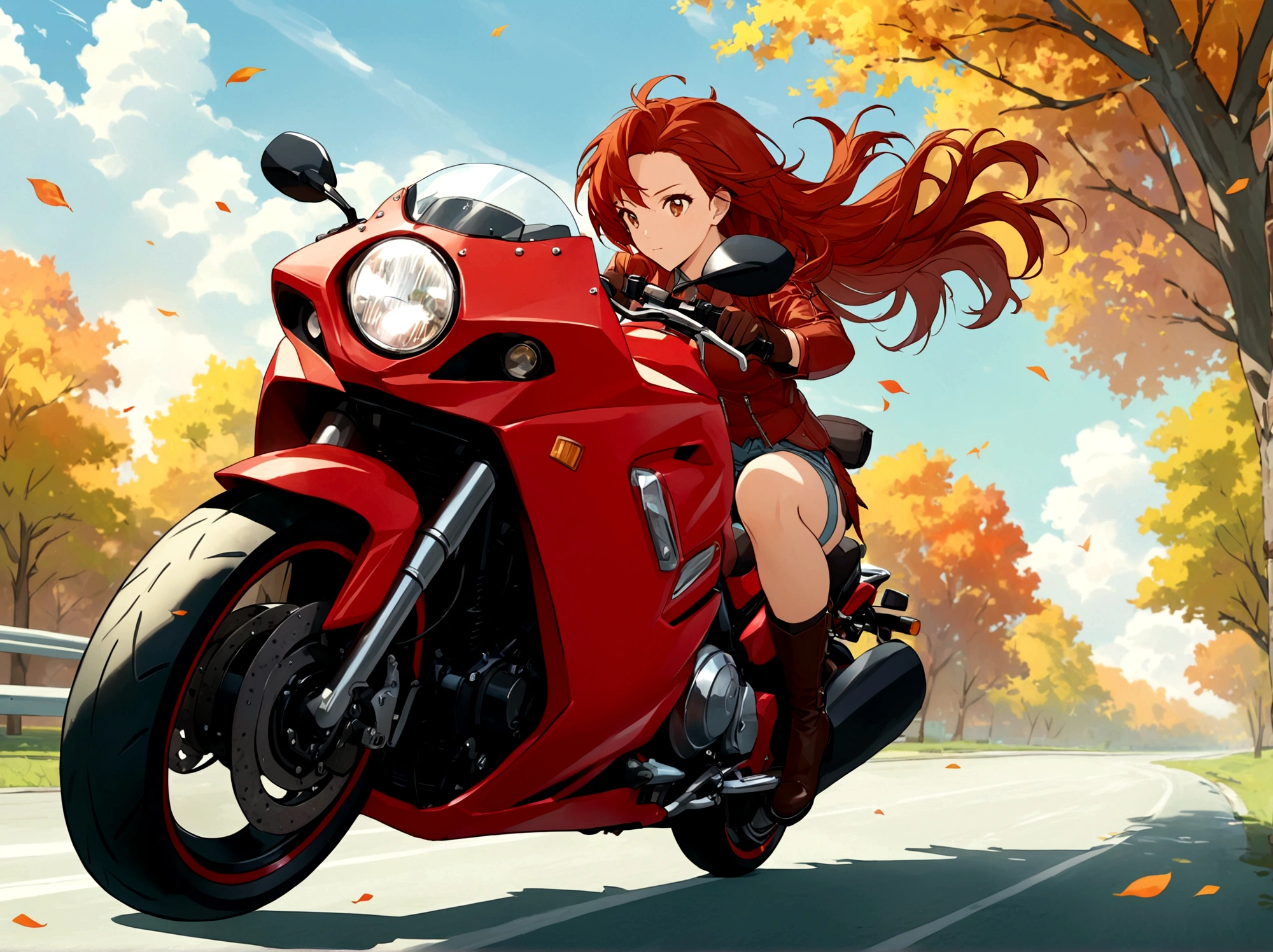 solo, brown hair, gloves, 1girl, female focus, red hair, outdoors, tree,fluttering hair, ground vehicle, motor vehicle, riding, motorcycle
