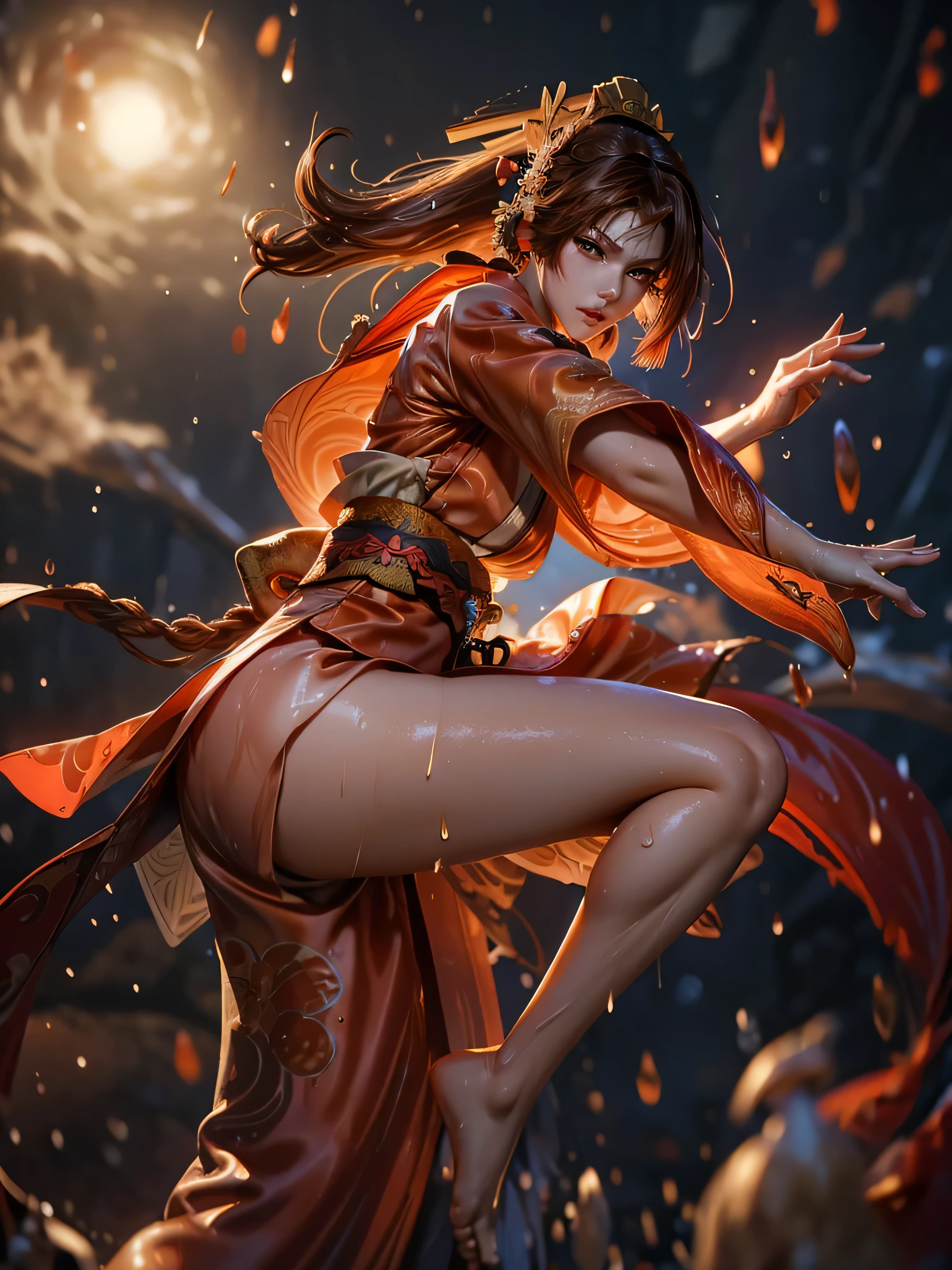 (exquisitely detailed CG unity 8k wallpaper, masterpiece-quality with stunning realism), (best illumination, best shadow), (best quality), (elegant style:1.2), Arti modern anime. angled view, heroic pose, (cel-shading style:1.3), centered image, ultra detailed closeup portrait of (Mai Shiranui:1) from (King of Fighters), best quality, expressive eyes, perfect face, highres, (ultra details), 1 girl, solo, (brown hair:1), hair ornament, eyeshadow, (gold, white and mainly red qipao:1), highly ornamented, (in Tokyo City:1), portrait, looking at the viewer, piercing eyes, full body, (light from the angle:1) (wind blowing:1.2).(depth of field effects:1.3) (motion action:1.2) (closeup:1.2) (motion blur effects:1), Thin to transparent,see-through, (((Soggy-kimono:1.2))),Lace fabric, (((water-immersed body: 0.9))), jewellery, (holding an oriental fan on fire:.8), (asian face:1), nail polish, makeup , (fighting attack pose:1.2), (spinning turning around:1), (clothing on fire with flames:1) (martial arts stance:1.2) (raised butt:1)