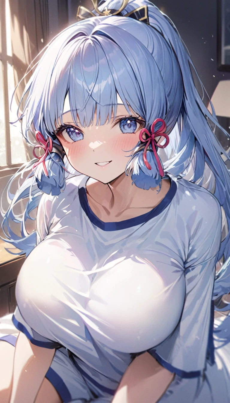 Ayaka, Blue long hair, Pretty Face,Smile,Close to hip, Giant breasts, Sitting on the bed, Wearing beautiful white pajamas, (open mouth:0.4),illustration,Detailed texture(Realist),Extremely detailed,Portrait Style,Bright colors,Soft lighting, blush, Mature, No, Flying hair, Breast tenderness