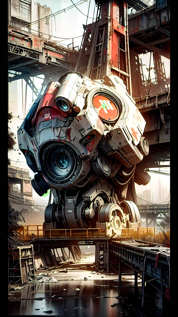 A robot, with red details, in abandoned bridge, post apocalyptic scene. The illustration is in high definition at 4k resolution, with highly-detailed features and cinema-style visuals. Animation 3d style, hyper realistic, 60mpx, cold cinematic illumination, high steel textures, many reflects in your body. Wide view, aerea view