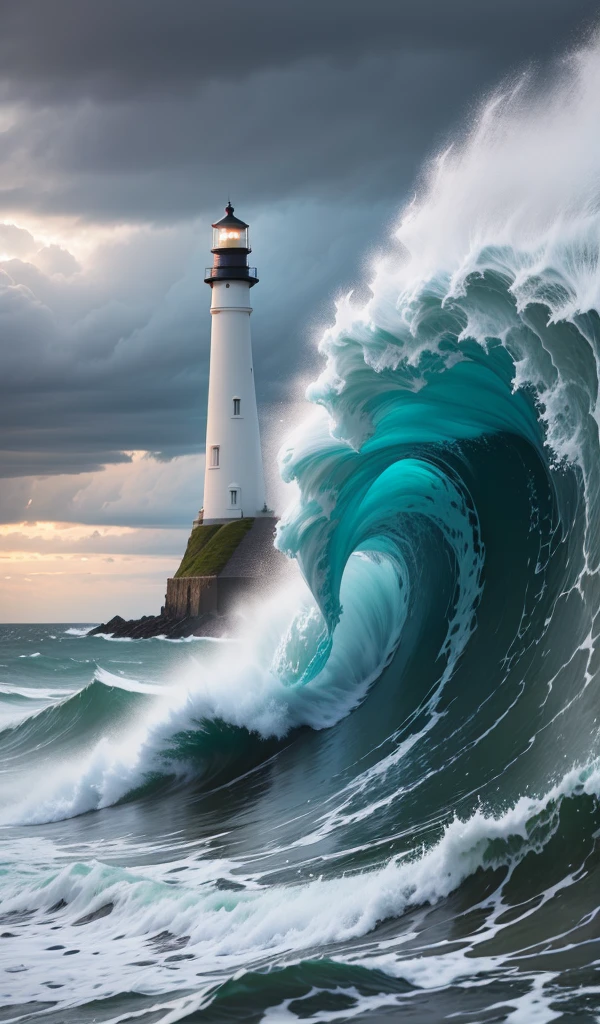 A dramatic seascape during a storm with crashing waves, dark clouds, and a lone lighhouse standing resilient.