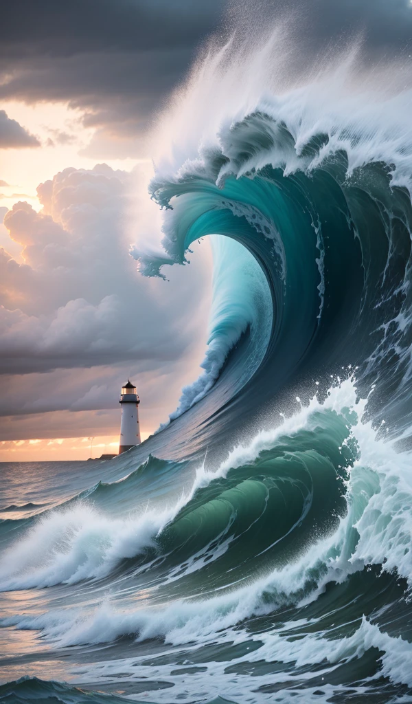 A dramatic seascape during a storm with crashing waves, dark clouds, and a lone lighhouse standing resilient.