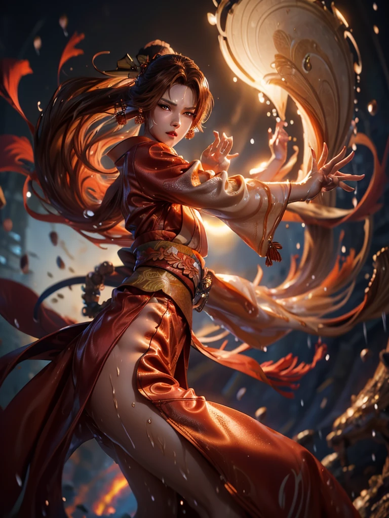 (exquisitely detailed CG unity 8k wallpaper, masterpiece-quality with stunning realism), (best illumination, best shadow), (best quality), (elegant style:1.2), Arti modern anime. angled view, heroic pose, (cel-shading style:1.3), centered image, ultra detailed closeup portrait of (Mai Shiranui:1) from (King of Fighters), best quality, expressive eyes, perfect face, highres, (ultra details), 1 girl, solo, (brown hair:1), hair ornament, eyeshadow, (gold, white and mainly red qipao:1), highly ornamented, (in Tokyo City:1), portrait, looking at the viewer, piercing eyes, full body, (light from the angle:1) (wind blowing:1.2).(depth of field effects:1.3) (motion action:1.2) (closeup:1.2) (motion blur effects:1), Thin to transparent,see-through, (((Soggy-kimono:1.2))),Lace fabric, (((water-immersed body: 0.9))), jewellery, (holding an oriental fan on fire:.8), (asian face:1), nail polish, makeup , (fighting attack pose:1.2), (spinning turning around:1), (clothing on fire with flames:1) (martial arts stance:1.2) (raised butt:1)
