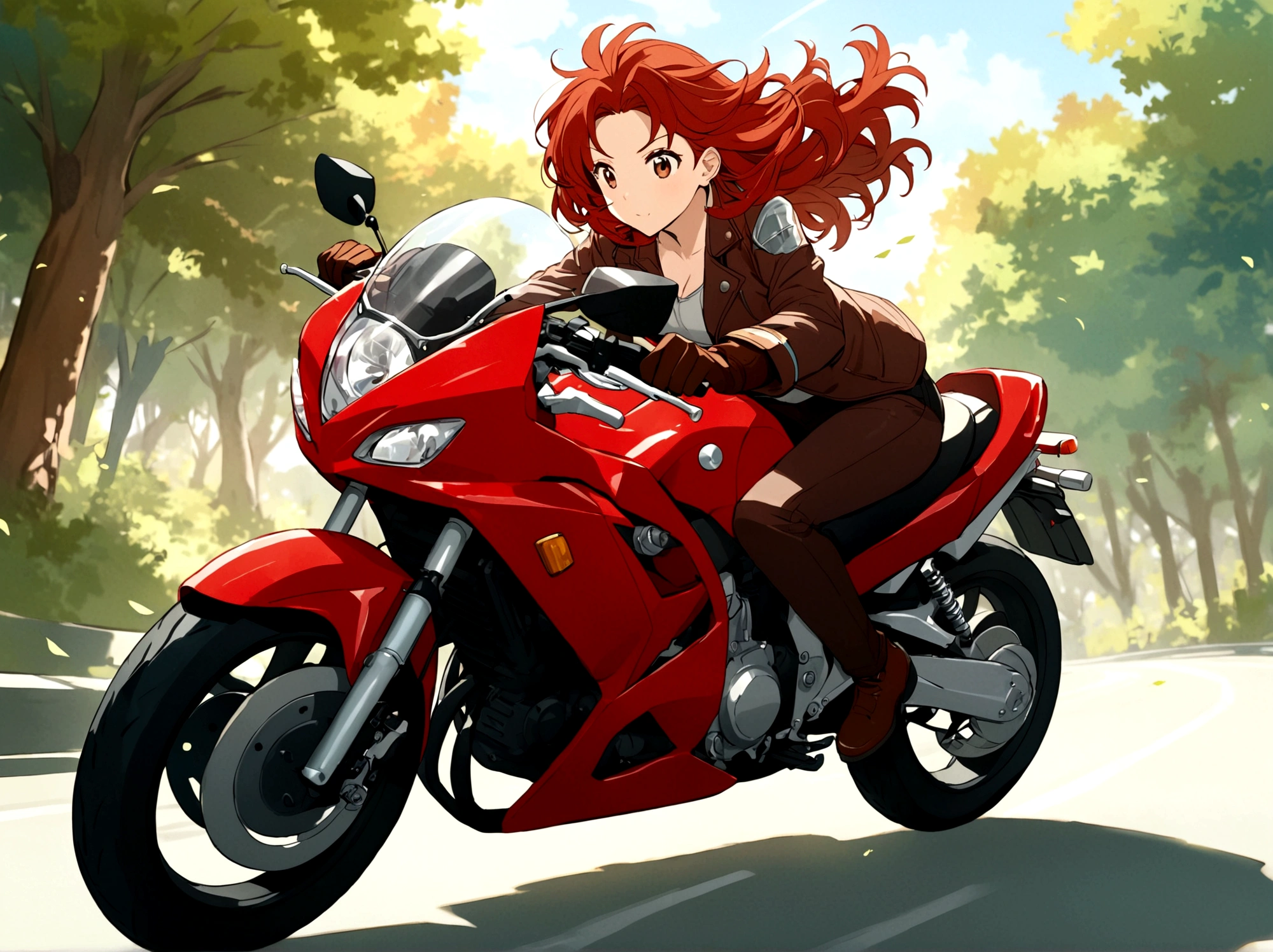 solo, brown hair, gloves, 1girl, female focus, red hair, outdoors, tree,fluttering hair, ground vehicle, motor vehicle, riding, motorcycle,Mine Fujiko