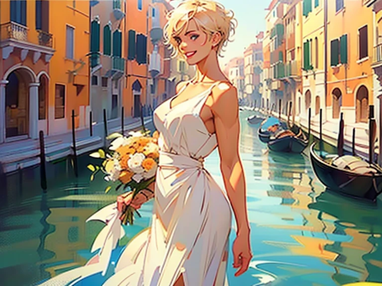 (back view),Venice, Italy. Athletic blonde woman, (short hair), tomboy, cute, ((smile)), White sundress, wedge heels, light makeup. Masterpiece, best quality,(highly detailed:1.2),(detailed face and eyes:1.2), 8k wallpaper, natural lighting. core shadows, high contrast, bokeh, depth of field,(rule of thirds).