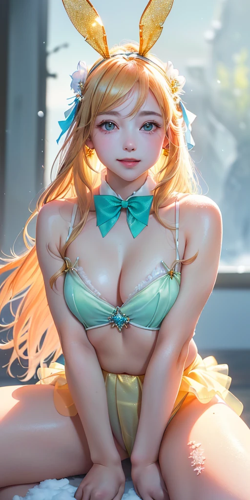 masterpiece, best quality, extremely detailed CG unity 8k wallpaper,((Upper Body)) ,((Upper Body head close-up shot of a beautiful girl)), , Elegant Long straight blonde hair, (Mckenna Grace), ((flat chest,Plump,Thick thighs,Autoluminescence skin)),Transparent (orange-green) golden (Glittering tutu,long Bunny Ear Headgear, , Bow-tie, No panties, genitals visible), ((sitting,spread legs)),(), (Blush), , (seductive smile), (A world of ice and snow), pretty face, key art, award winning, intricate detail realism hdr, by (ruan jia and artgerm and range murata), Photorealism, Hyperrealism, ultra realistic, dramatic light, intense shadows, gorgeous view, depth of field