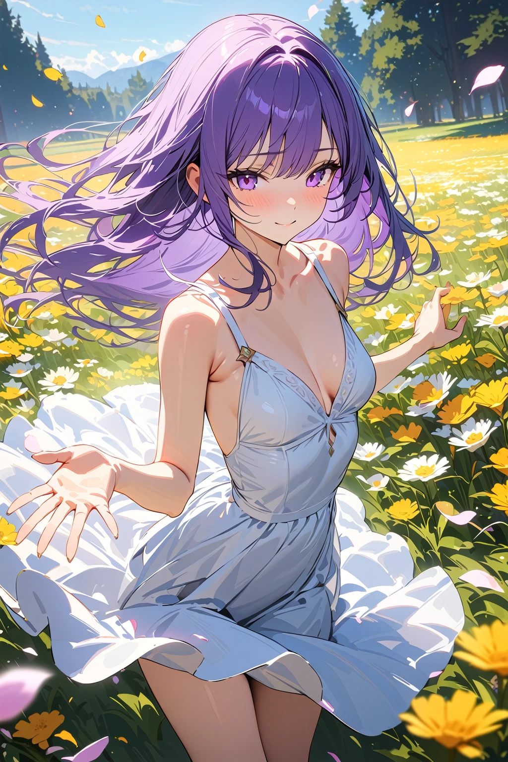(masterpiece, best quality:1.5), (ultra detailed, high resolution, 8k, beautiful detailed, UHD, best anatomy), purple hair, flat breasts, 1 cute girl, knee-length dress, Flower fields spread over meadows, got his hands outstretched, Petals are dancing in the wind