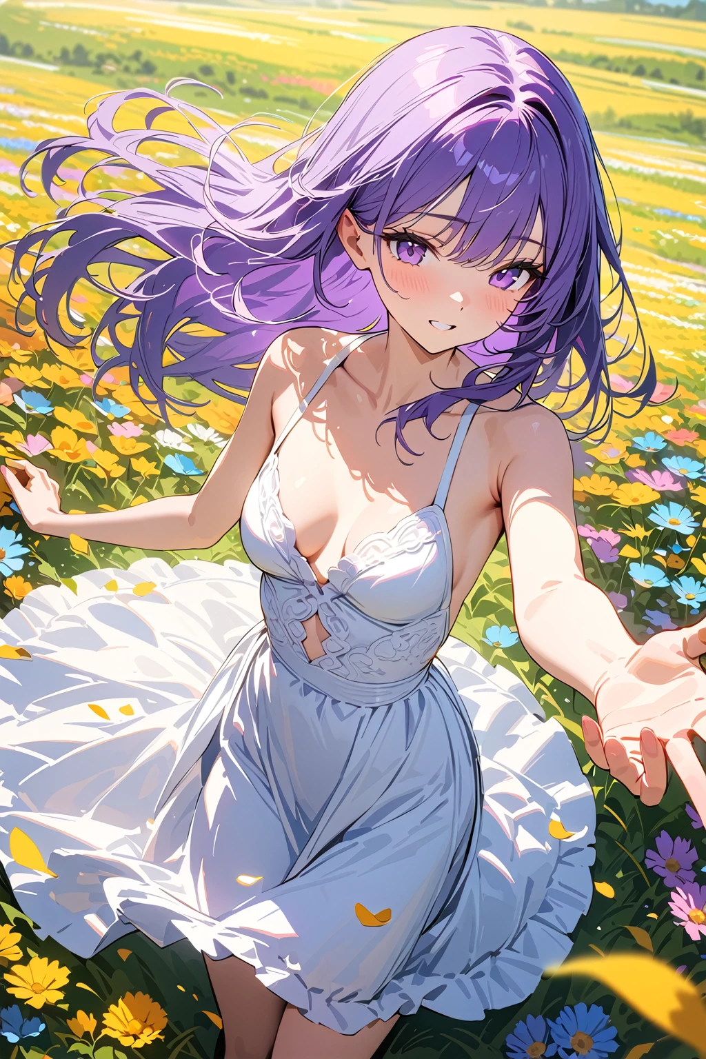 (masterpiece, best quality:1.5), (ultra detailed, high resolution, 8k, beautiful detailed, UHD, best anatomy), purple hair, flat breasts, 1 cute girl, knee-length dress, Flower fields spread over meadows, got his hands outstretched, Petals are dancing in the wind