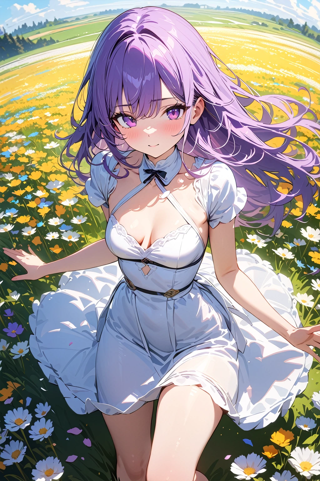 (masterpiece, best quality:1.5), (ultra detailed, high resolution, 8k, beautiful detailed, UHD, best anatomy), purple hair, flat breasts, 1 cute girl, knee-length dress, Flower fields spread over meadows, got his hands outstretched, Petals are dancing in the wind