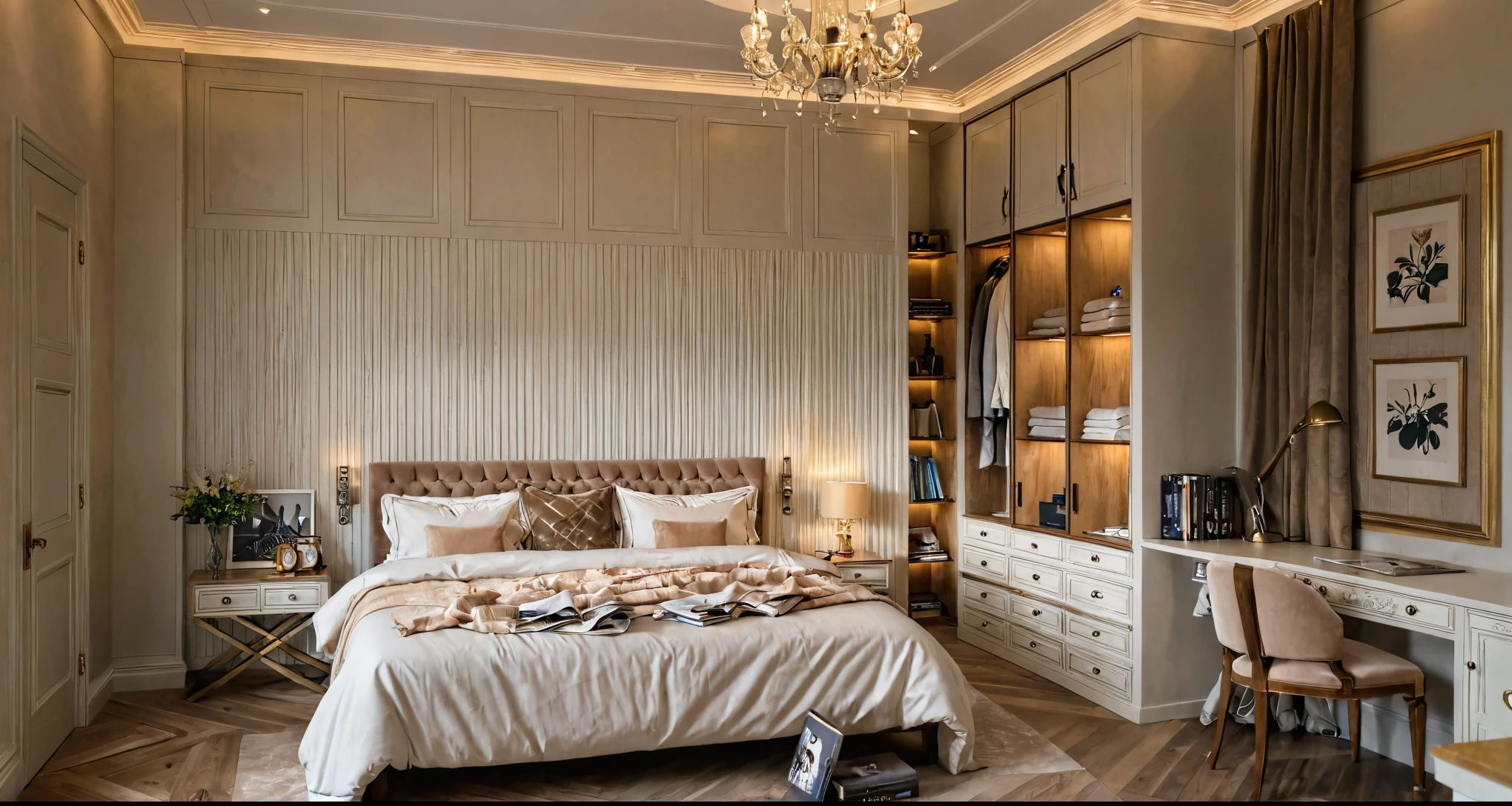Raw photo,Masterpiece, high quality, best quality, authentic, super detail,
indoors, beed room, neoclassical style, wooden floors,doors, windows, plaster ceilings, can lights, spotlights, beds, floor mats, bedside lamps, bedside wooden slats, wardrobes, wardrobe lights, dressing tables, cosmetic shelves on the head of the bed, books, magazines,
,(day:1.1),realistic lighting