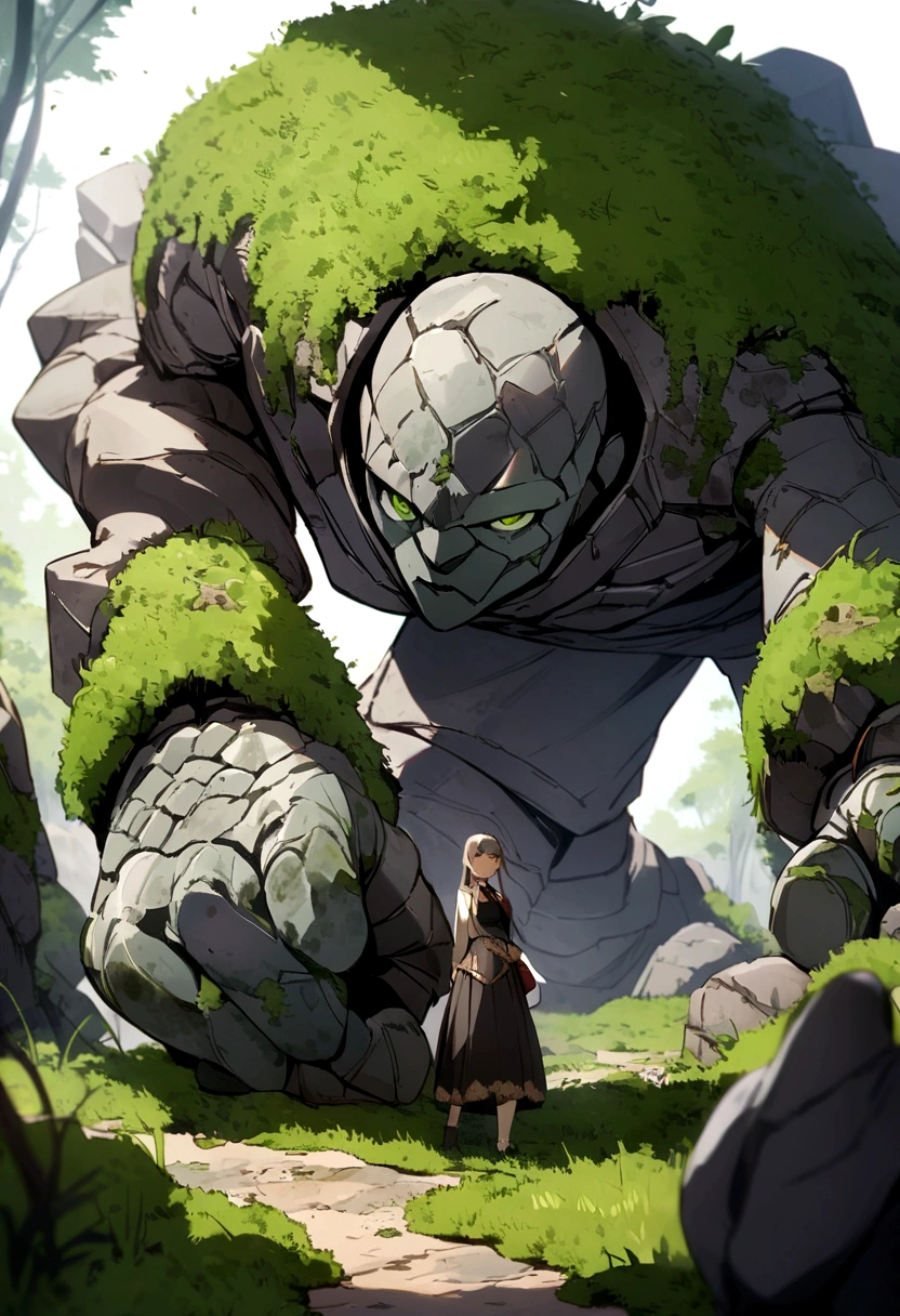 stone golem, green eyes, moss on body