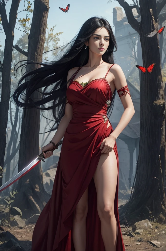 A beautiful girl with long black hair and bright blue eyes is dressed in a beautiful long red closed dress. She holds a sharp sword in one hand, while in the other he holds a buffalo artifact. Several red butterflies fly around you. The girl is portrayed in full body, in a detailed realistic style.