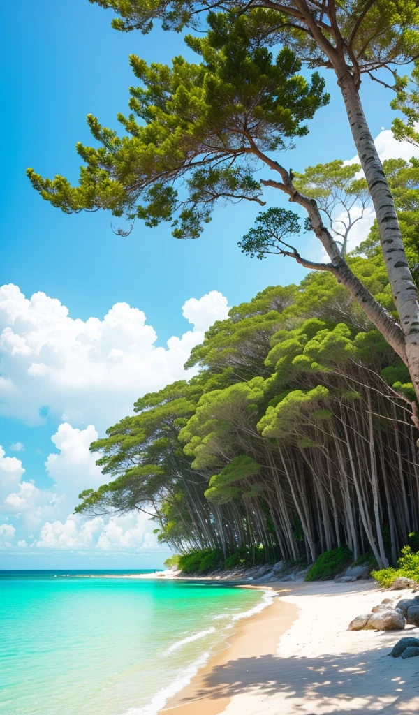 A peaceful beach scene with turquoise water, white sand, and pall trees swaying in the gentle breeze.