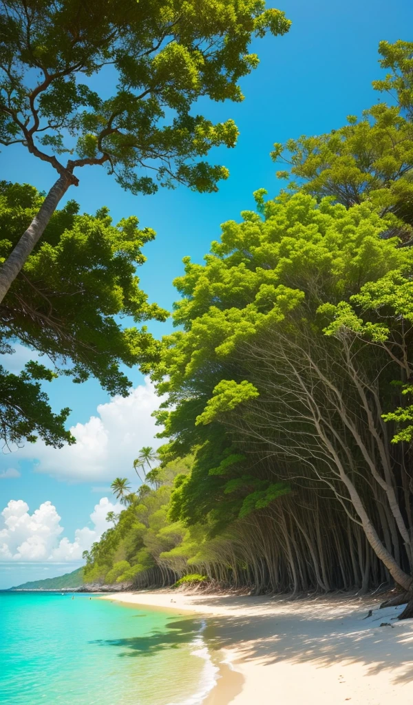 A peaceful beach scene with turquoise water, white sand, and pall trees swaying in the gentle breeze.