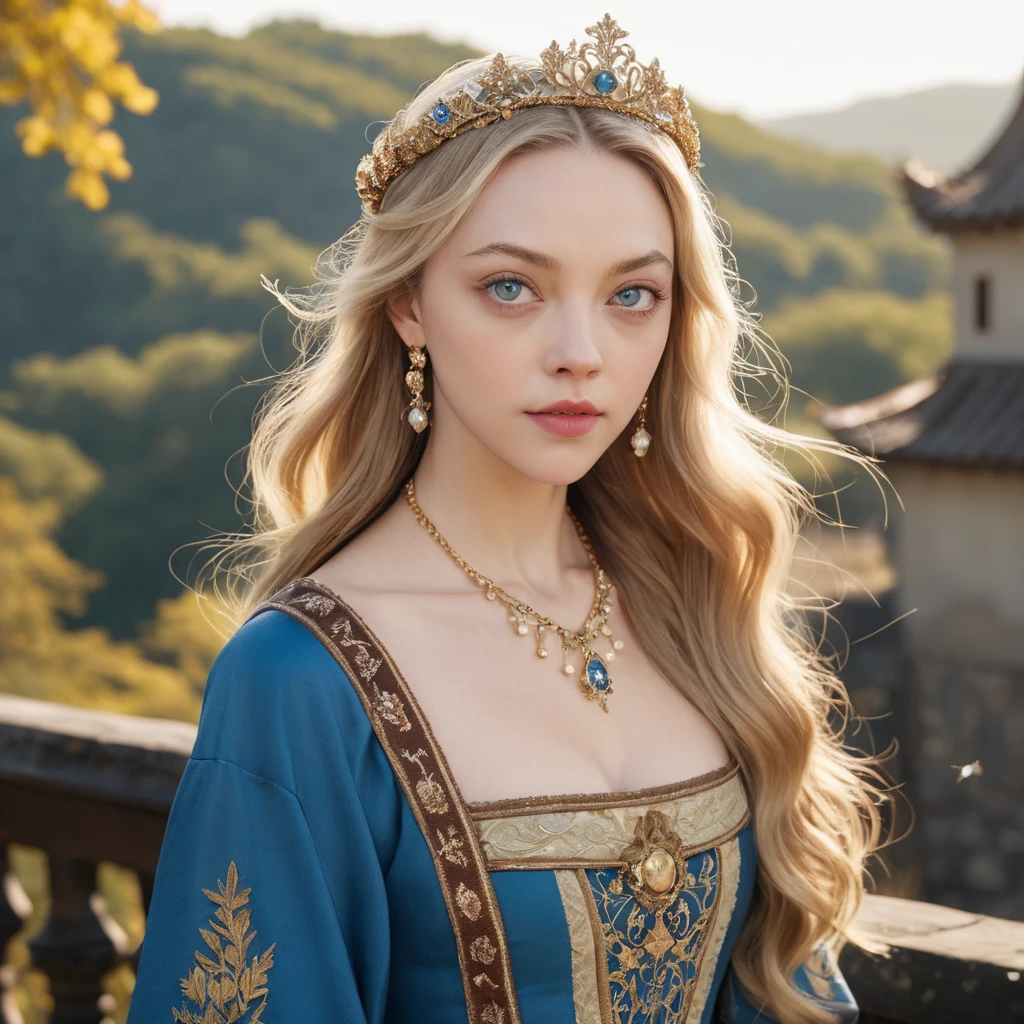 (logo、Masterpiece、8k、Mesa、photo and gross、marvelous、最high quality、Photorealistic and hVery detailed CG integrated 8k wallpaper、high quality、Very detailed、Narrative poem、particle effects、dynamic effects、Depth of written limits.、cinematic light、Lens flare、ray tracing)、Fancy、 (1 beautiful blonde woman with bright blue eyes、beautiful woman with features of actress Amanda Seyfried、brown dress with delicate jewelry、Medieval queen dresses、crown with delicate details、dark brown dress、Silver Flower Embroidery Pattern、by rubio、beautiful face、The real way、beautiful details、beautiful blue eyes、 beautiful skin)、Hair flutters in wind、hair bounces、beautiful castle a perfect hand having tea, Sakurafubuki、Spectacular view、sunrise、sun in the background、wind、God々、served、God story、vast land