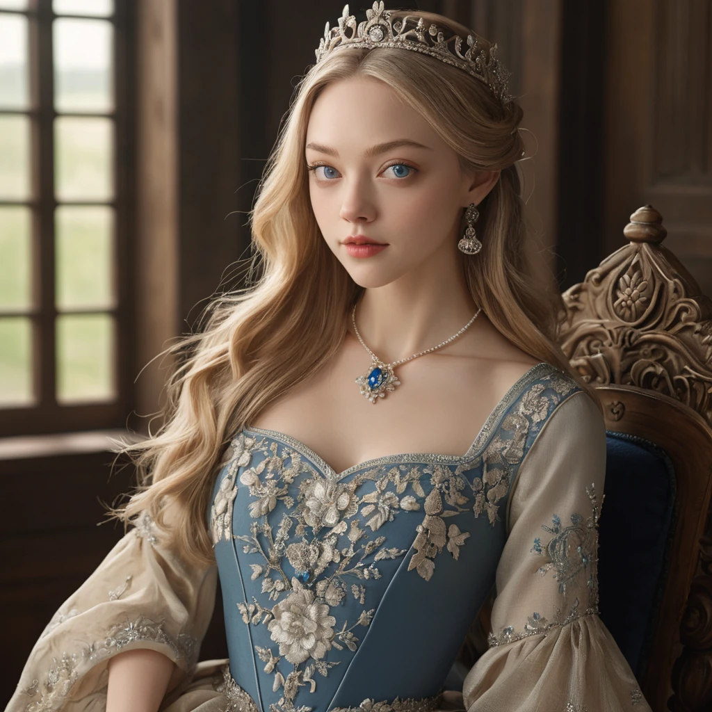 (logo、Masterpiece、8k、Mesa、photo and gross、marvelous、最high quality、Photorealistic and hVery detailed CG integrated 8k wallpaper、high quality、Very detailed、Narrative poem、particle effects、dynamic effects、Depth of written limits.、cinematic light、Lens flare、ray tracing)、Fancy、 (1 beautiful blonde woman with bright blue eyes、beautiful woman with features of actress Amanda Seyfried、brown dress with delicate jewelry、Medieval queen dresses、crown with delicate details、dark brown dress、Silver Flower Embroidery Pattern、by rubio、beautiful face、The real way、beautiful details、beautiful blue eyes、 beautiful skin)、Hair flutters in wind、hair bounces、beautiful castle a perfect hand having tea, Sakurafubuki、Spectacular view、sunrise、sun in the background、wind、God々、served、God story、vast land