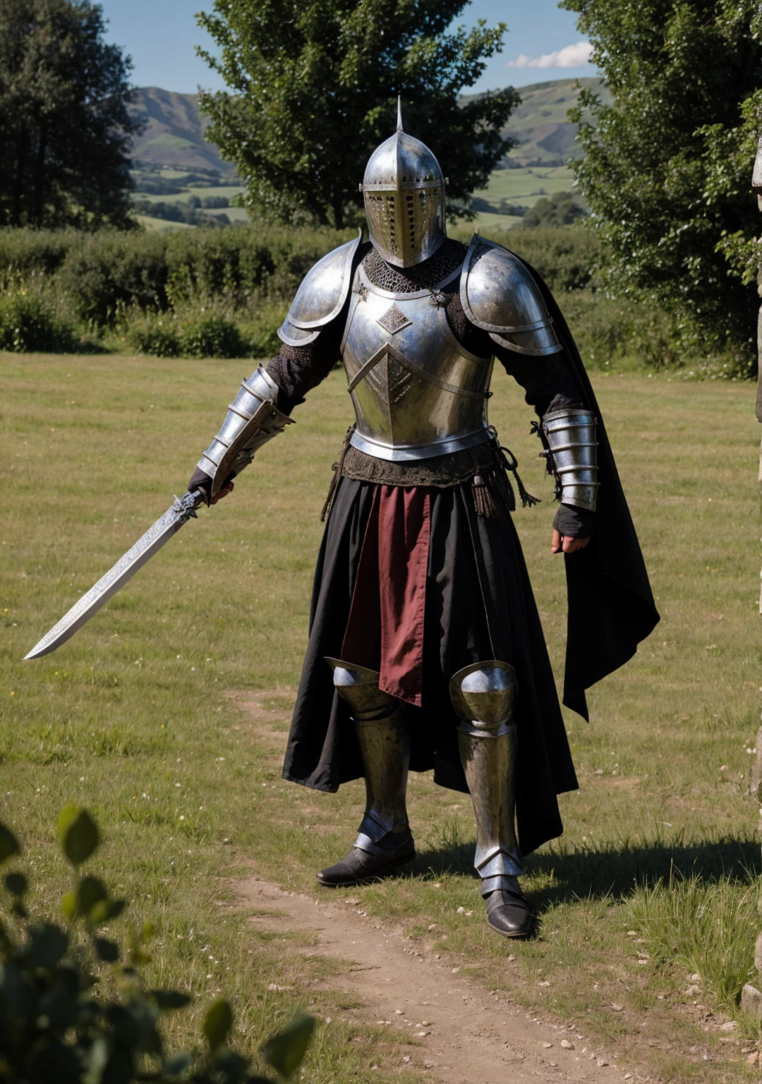 Gothic knight in medieval armor wielding a greatsword grassy verdant valley