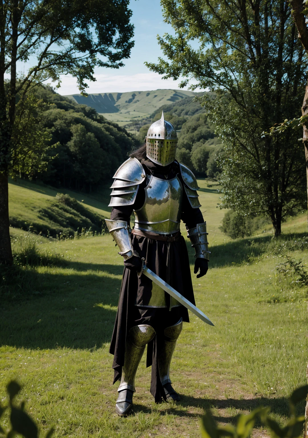 Gothic knight in medieval armor wielding a greatsword grassy verdant valley