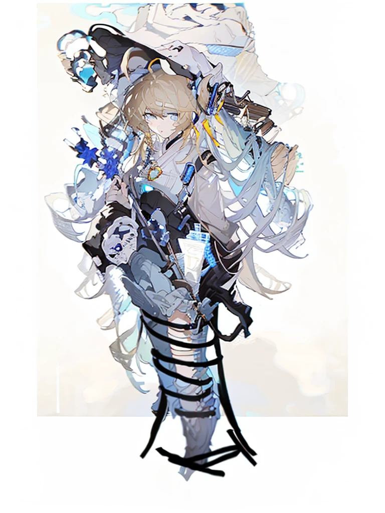 A girl,(Standing picture),(whole body),Character Design,Fashion Design,Complex headdress,Complex clothes,Overalls,Standing,bandage,Beige hair,Mine system