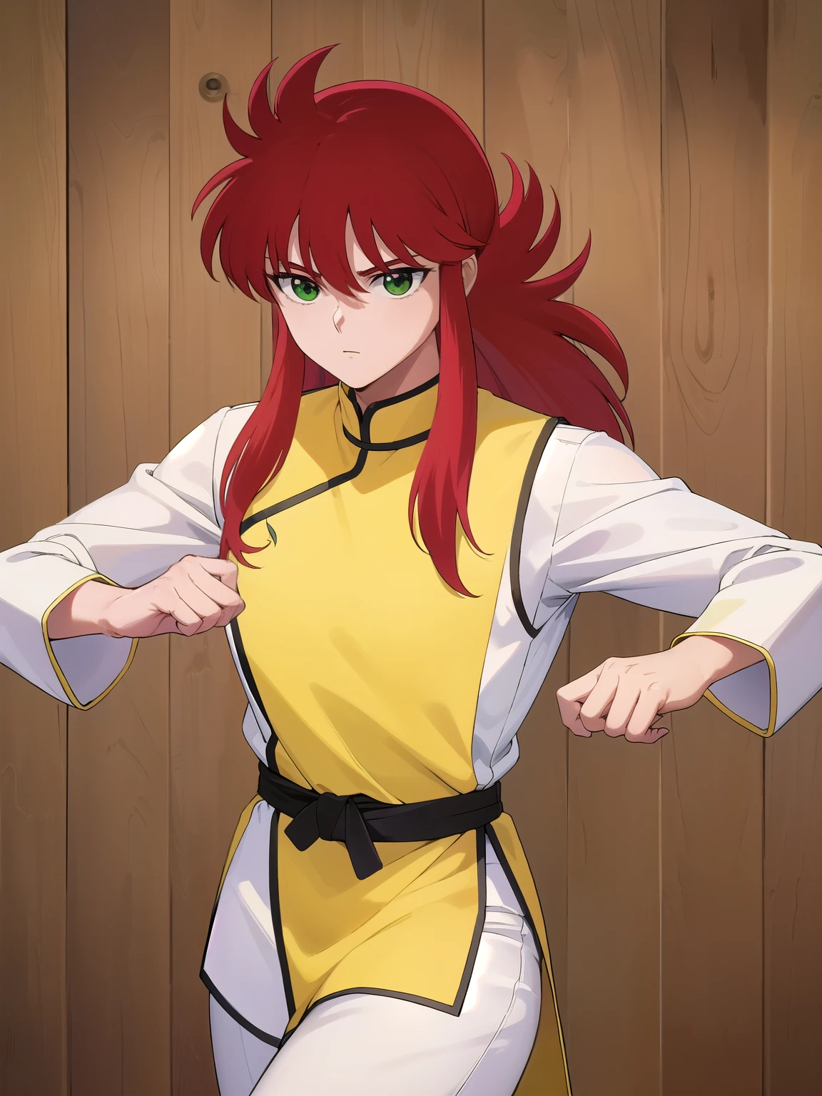 kurama, kurama, long hair, red hair, bangs, (green eyes:1.5), (retro artstyle:1.5), 1990s \(style\),
BREAK long sleeves, pants, chinese clothes, white pants, (yellow shirt:1.5), (white sleeves:1.5), (pelvic curtain:1.2), sash, sleeveless shirt, (((wood background)))
BREAK looking at viewer, cowboy shot, (((martial art))),
BREAK (masterpiece:1.2), best quality, high resolution, unity 8k wallpaper, (illustration:0.8), (beautiful detailed eyes:1.6), extremely detailed face, perfect lighting, extremely detailed CG, (perfect hands, perfect anatomy),