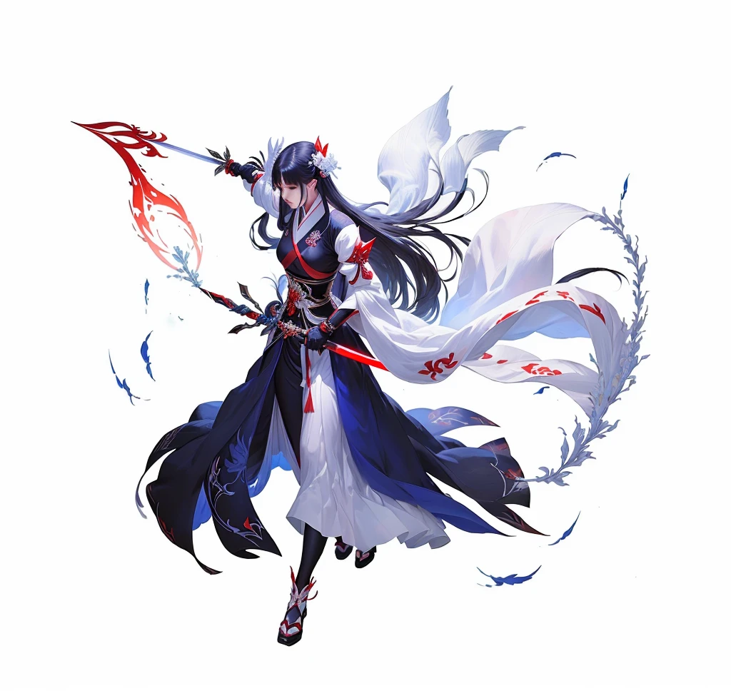 A man in white holding a sword,Dressed in red, Full body fairy, Full body martial arts, Onmyoji detailed art, she is holding a sword, Inspired by Guillaume, heise jinyao, Inspiration from Du Qiong, 剑 zero video game character,Long Sword, xianxia hero